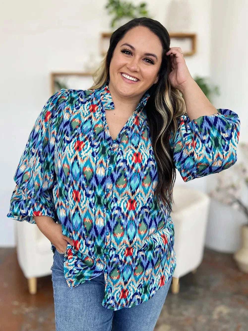 Double Take Full Size Printed Balloon Sleeve Blouse - Trendsi - Flyclothing LLC