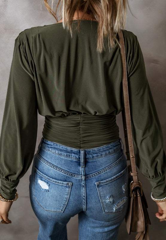 Ruched Surplice Long Sleeve Bodysuit - Trendsi - Flyclothing LLC