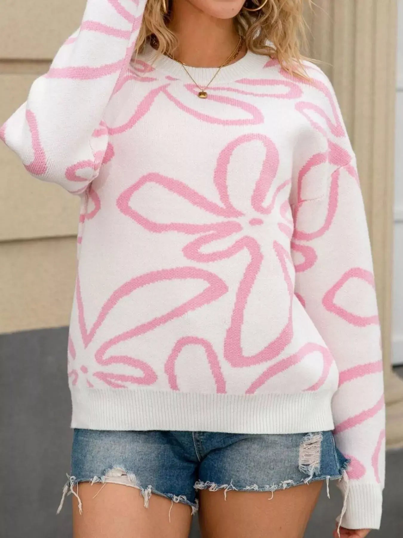 Flower Crew Neck Long Sleeve Sweater - Trendsi - Flyclothing LLC