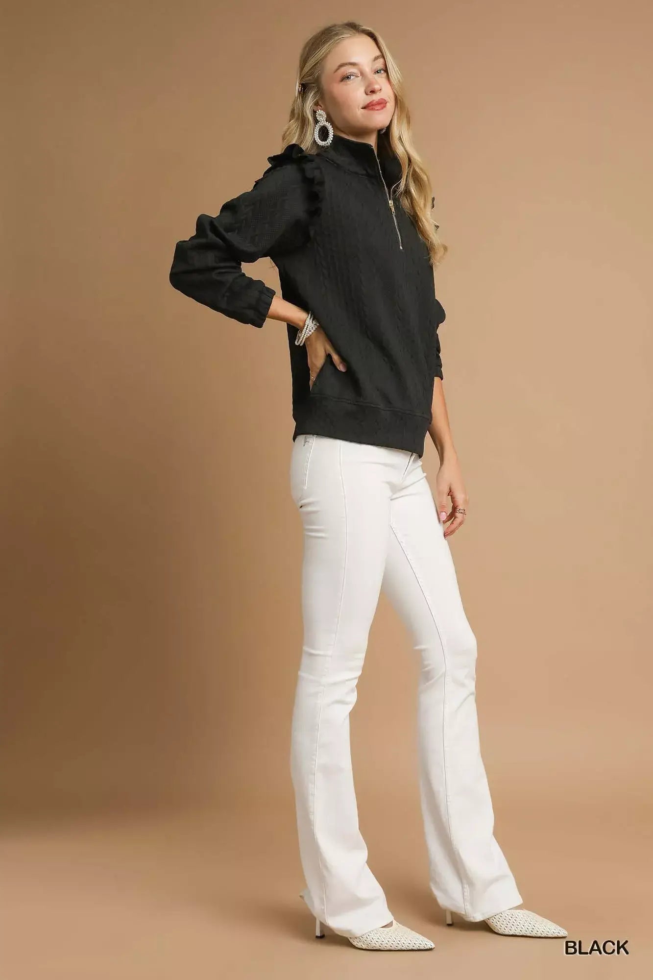 Umgee Cable Knit Textured Pullover with Ruffle Shoulders - Trendsi - Flyclothing LLC