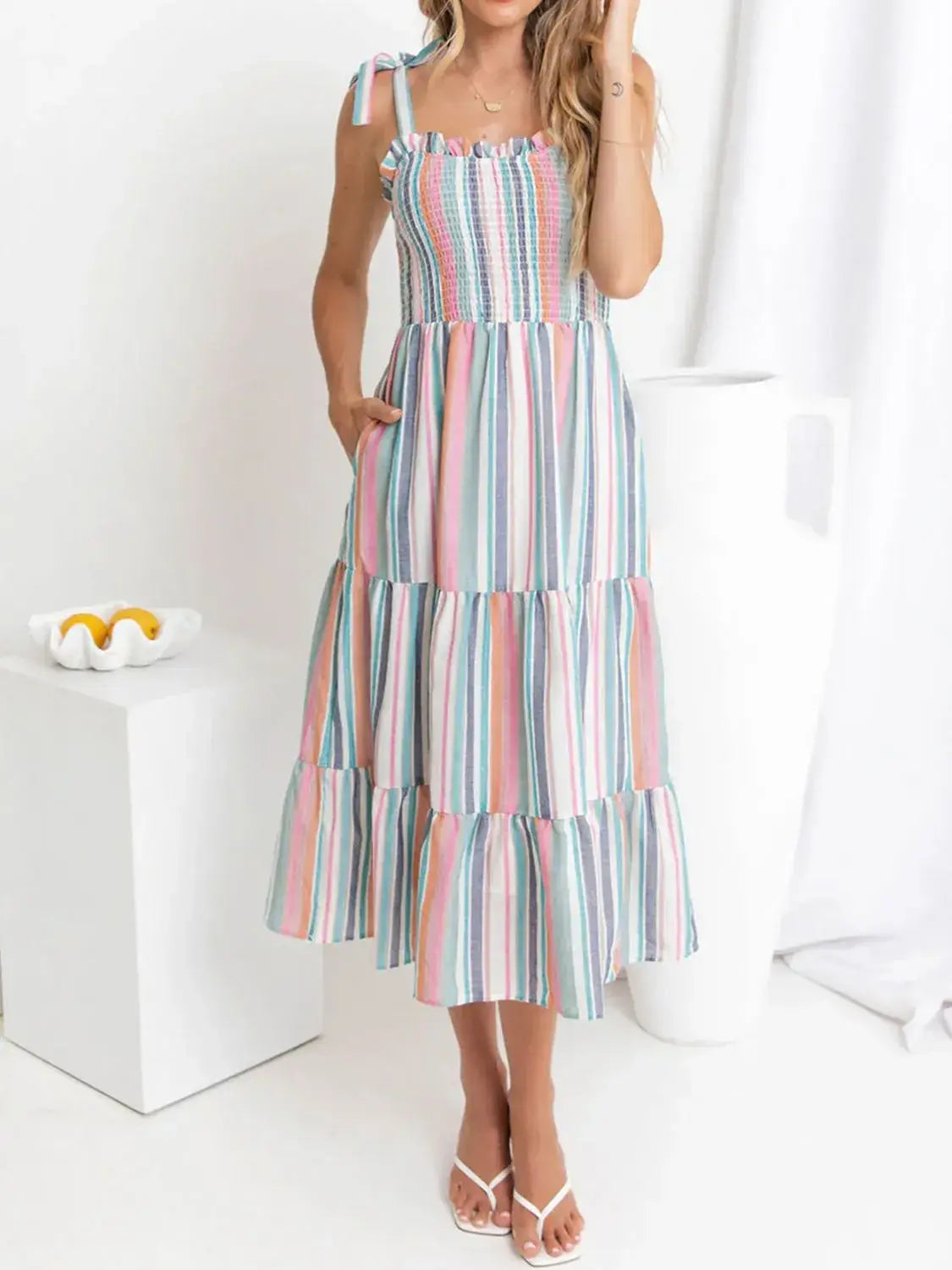 Contrast Striped Square Neck Cami Dress - Trendsi - Flyclothing LLC