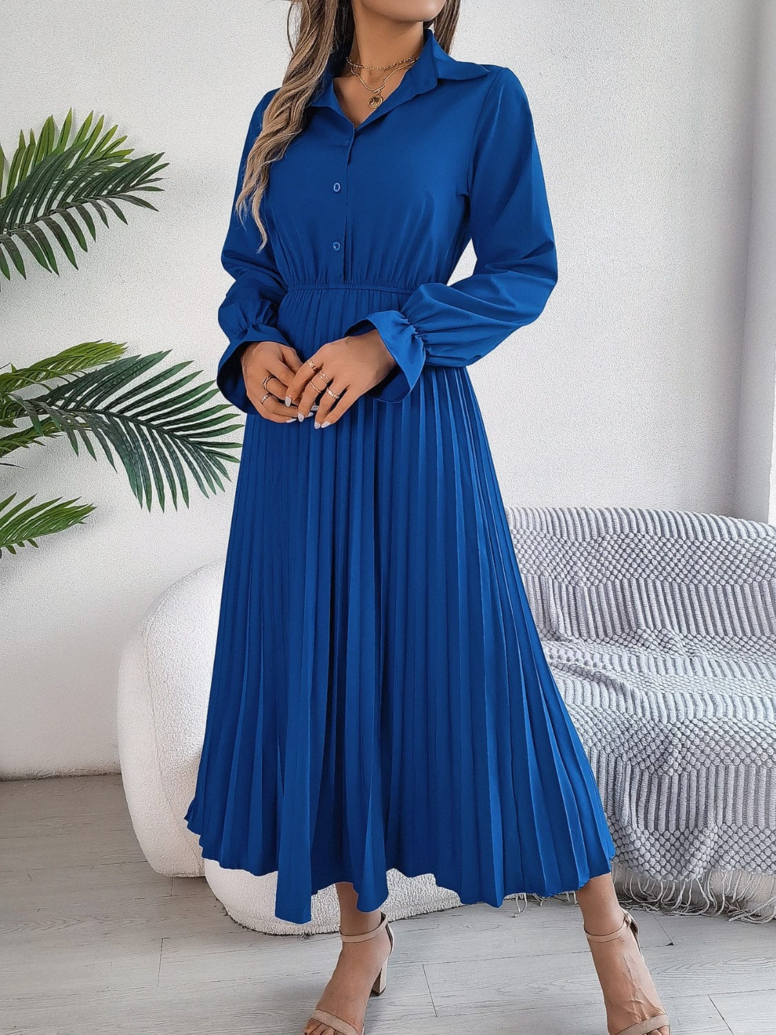 Pleated Half Button Long Sleeve Midi Dress - Trendsi