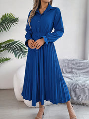Pleated Half Button Long Sleeve Midi Dress - Trendsi