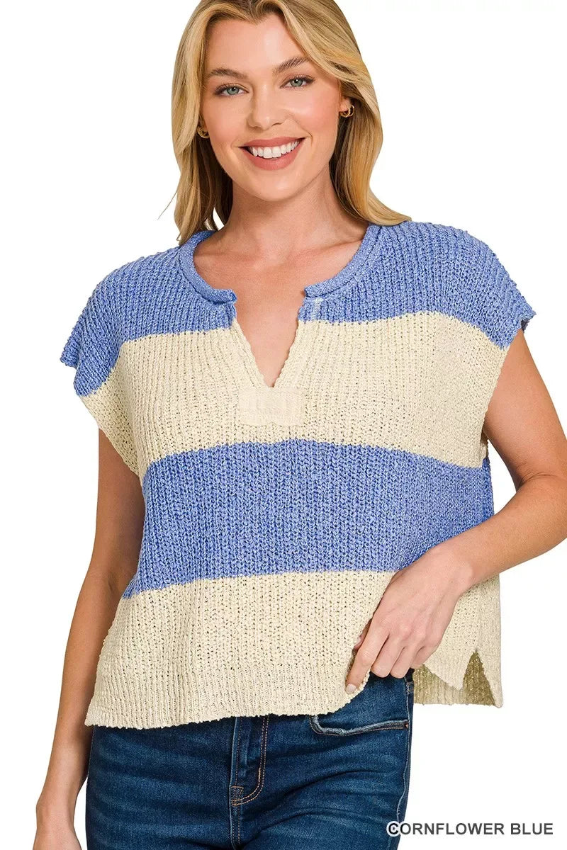 Zenana Split Neck Sleeveless Stripe Sweater - Trendsi - Flyclothing LLC