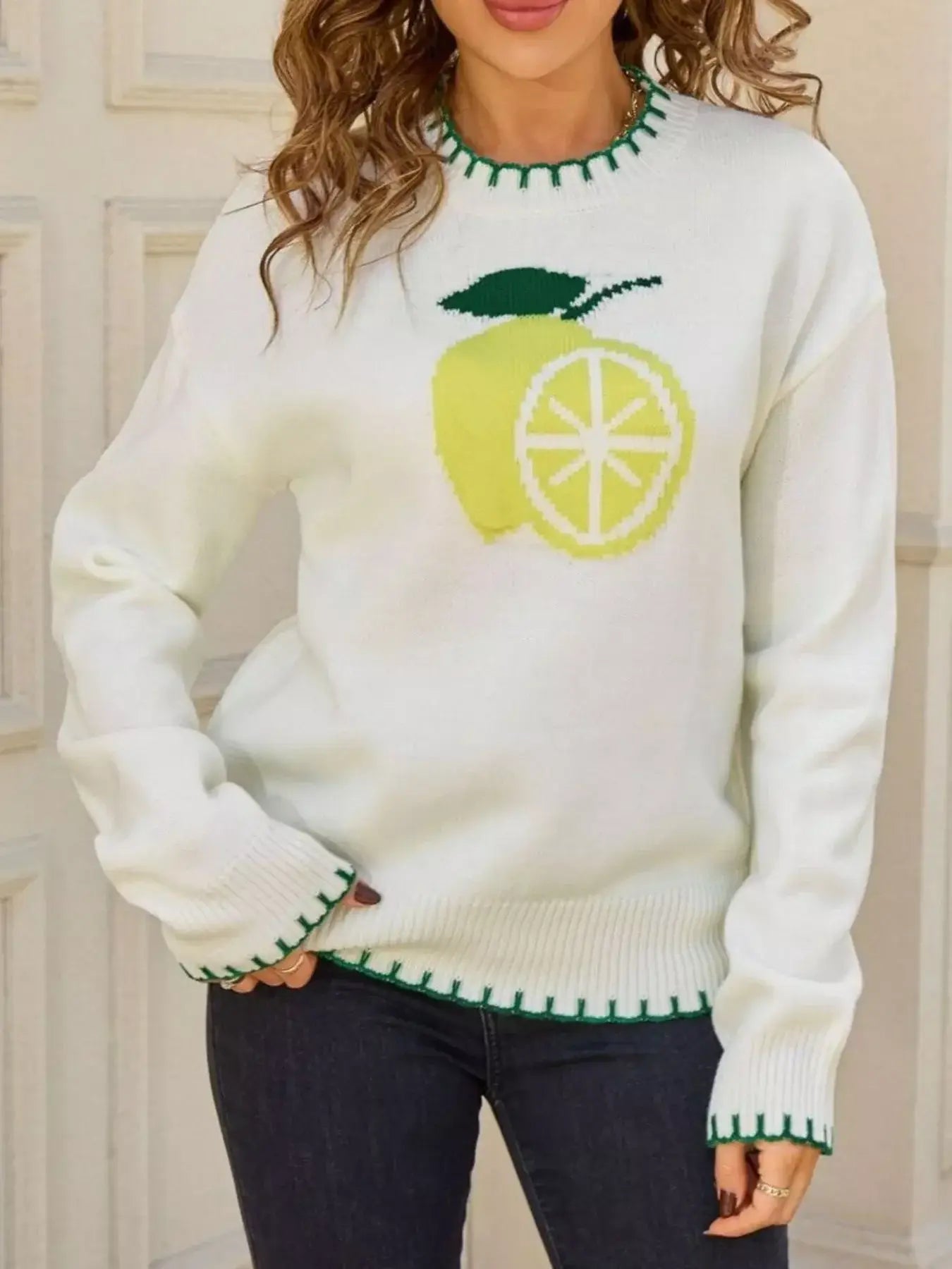 Lemon Round Neck Sweater - Trendsi - Flyclothing LLC