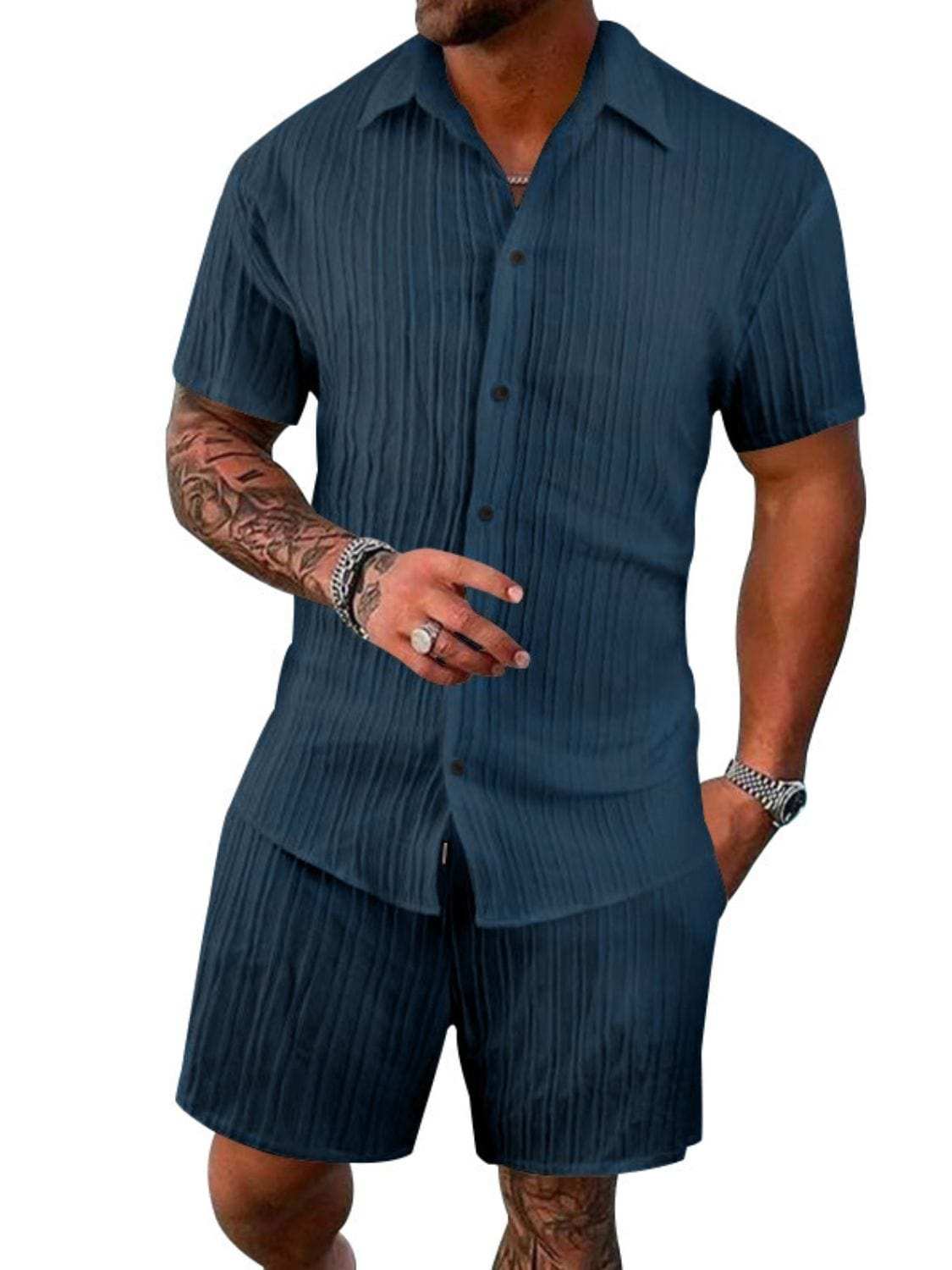 Men's Full Size Button Down Short Sleeve Shirt and Shorts Set Plus Size - Trendsi - Flyclothing LLC