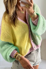 V Neck Drop Shoulder Patchwork Regular Wash Knitwear Cardigan - Trendsi - Flyclothing LLC