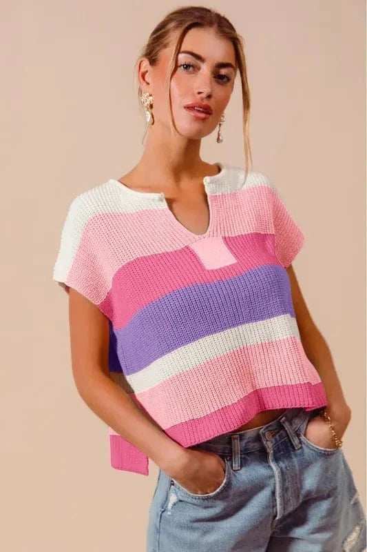 SO ME Multi Color Stripe Loose Fit Cap Sleeve Sweater Top - Trendsi - Flyclothing LLC