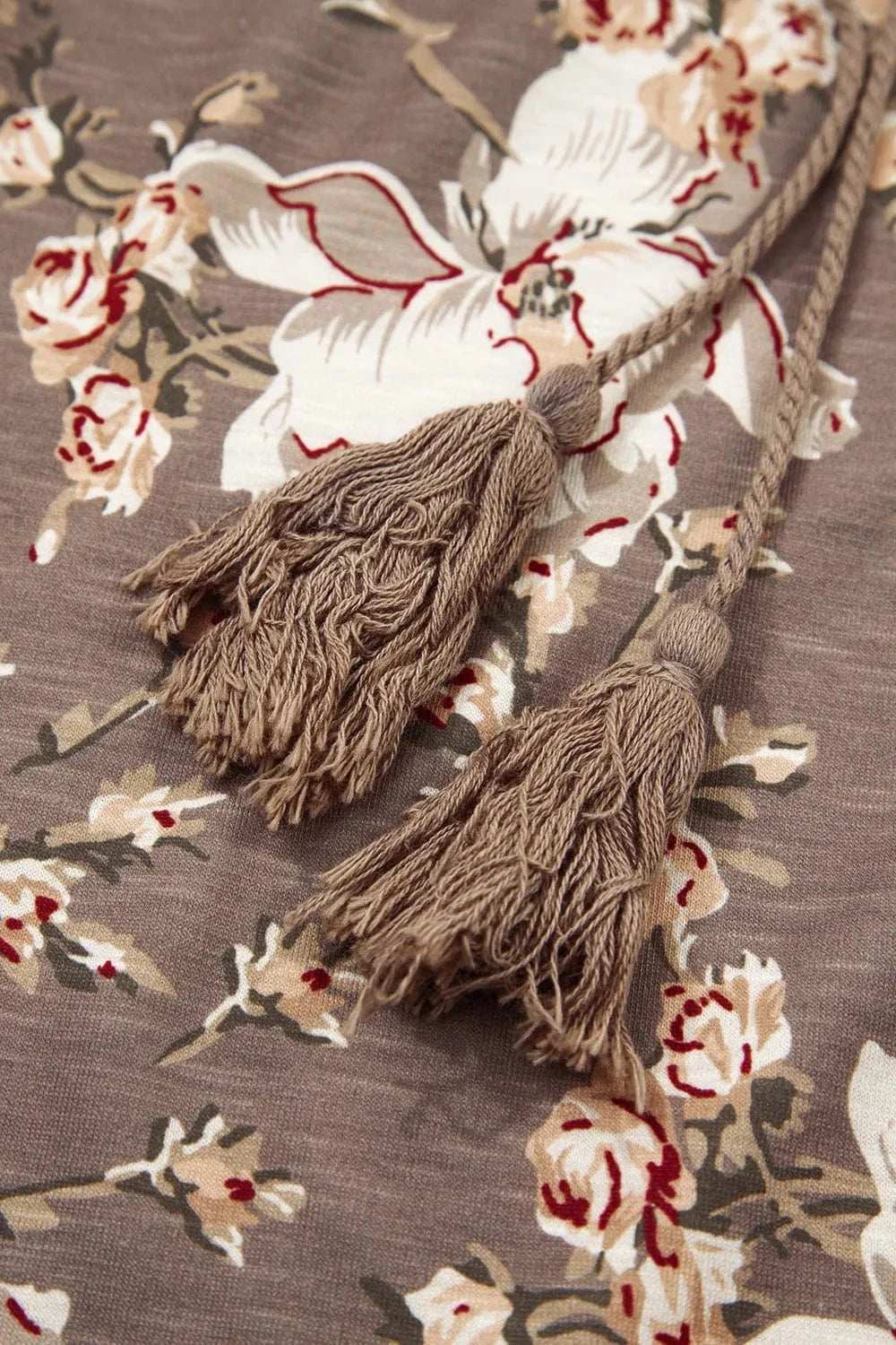 Floral Print Tassel Tie Split Neck Short Sleeve Blouse - Trendsi - Flyclothing LLC