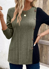 Color Block Ribbed Knit Decor Button T-Shirt - Trendsi - Flyclothing LLC