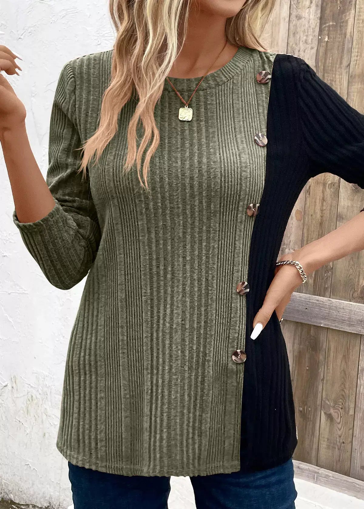 Color Block Ribbed Knit Decor Button T-Shirt - Trendsi - Flyclothing LLC