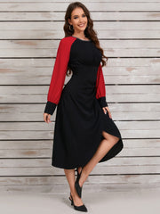 Ruched Contrast Long Sleeve Midi Dress - Trendsi