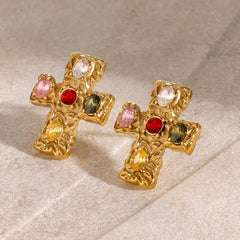18K Gold-Plated Zircon Cross Earrings - Trendsi