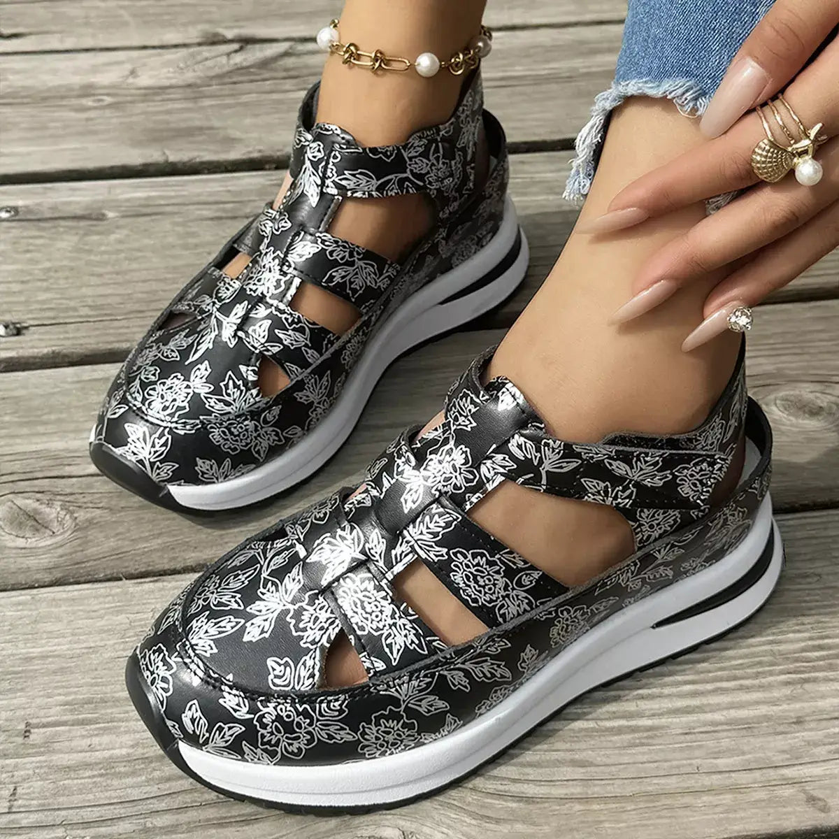 Cutout Velcro Sandals - Trendsi - Flyclothing LLC