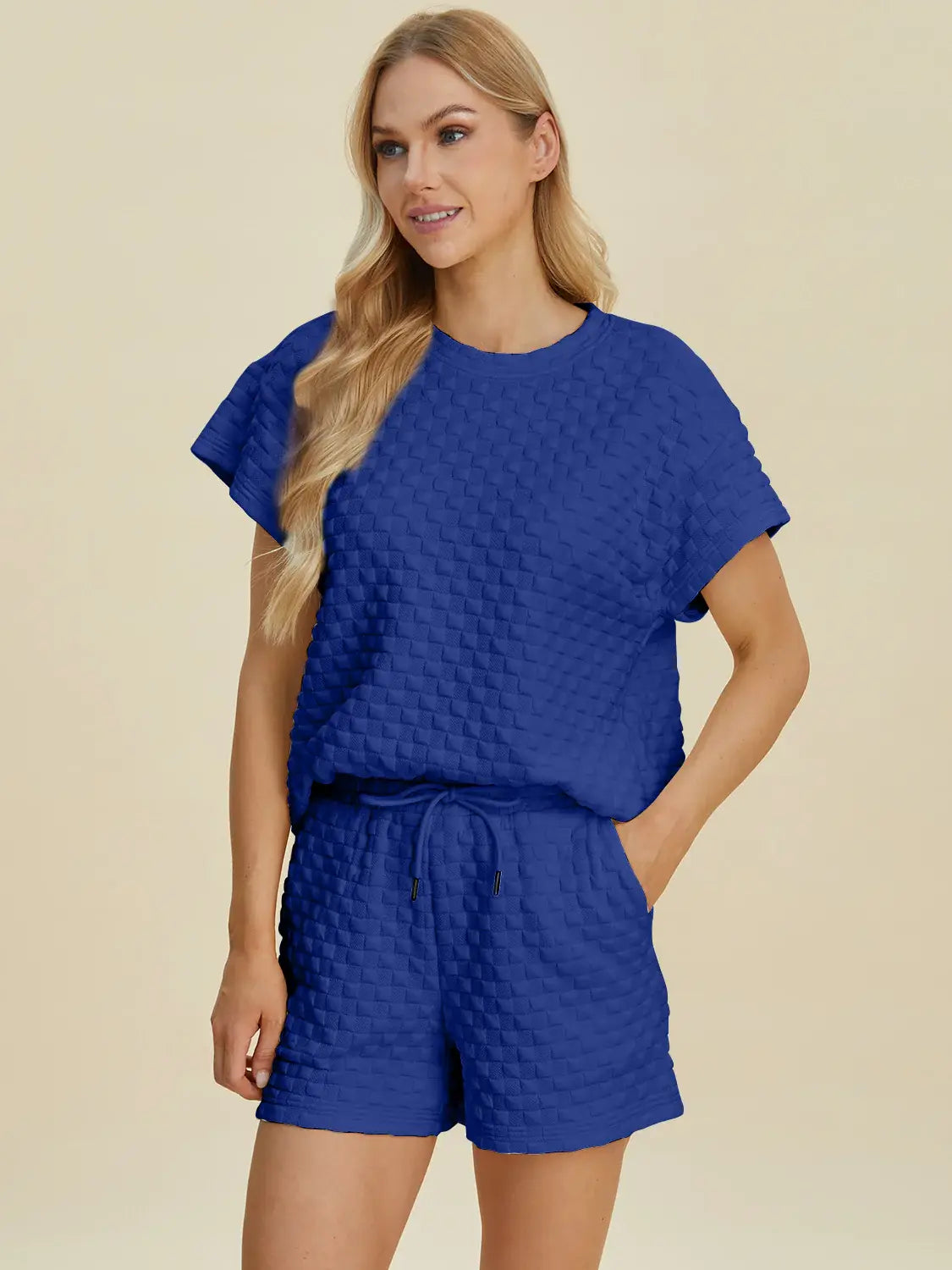 Double Take Full Size Texture T-Shirt and Shorts Set - Trendsi - Flyclothing LLC