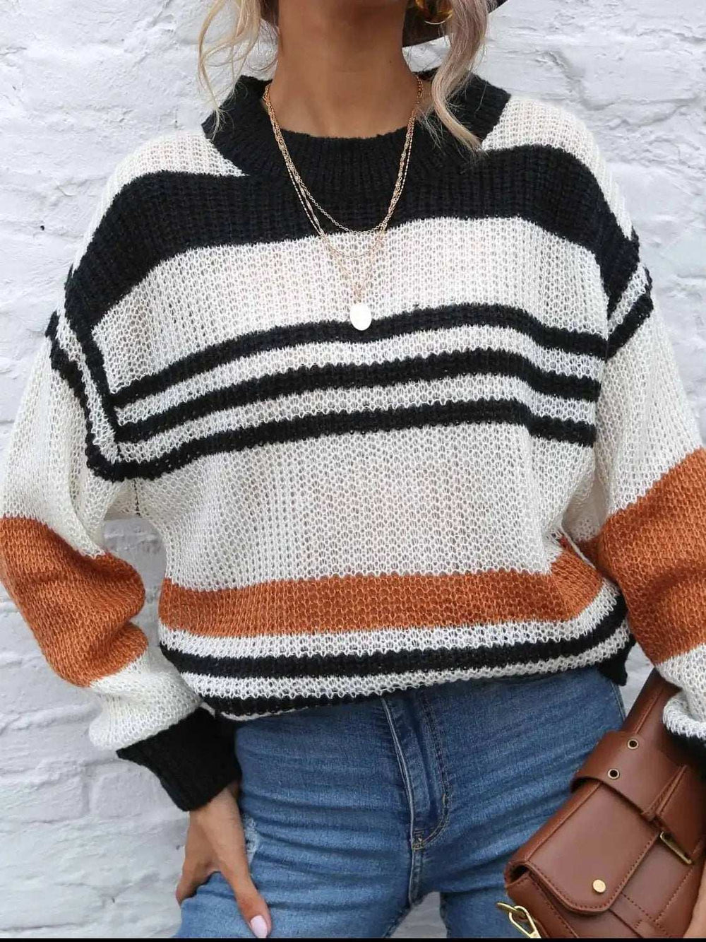 Contrast Striped Round Neck Long Sleeve Sweater - Trendsi - Flyclothing LLC