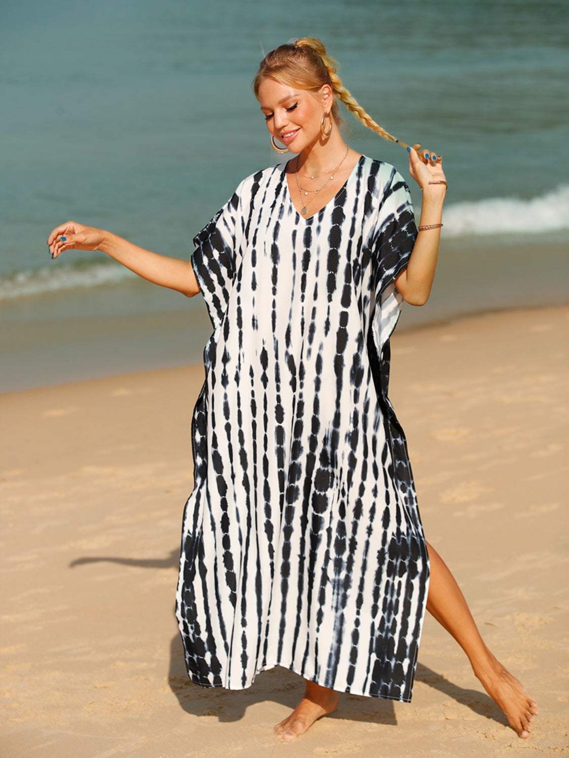 Tie-Dye V-Neck Half Sleeve Cover-Up - Trendsi - Flyclothing LLC
