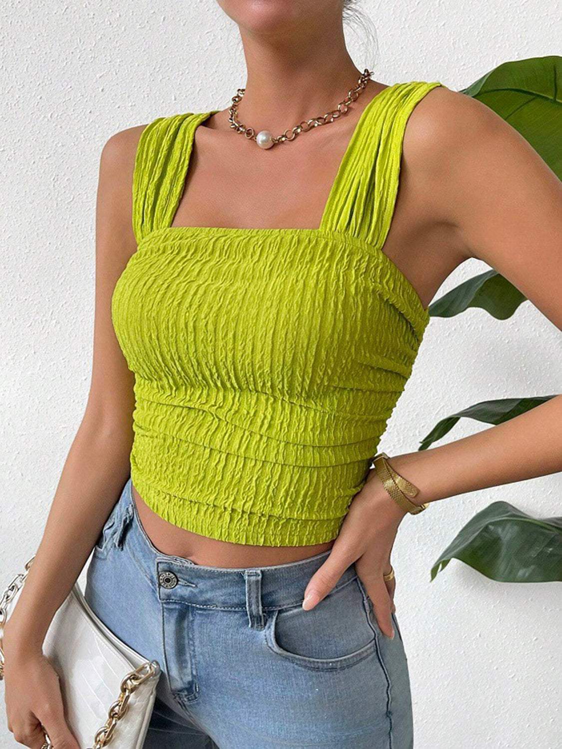 Textured Square Neck Wide Strap Tank - Trendsi - Flyclothing LLC