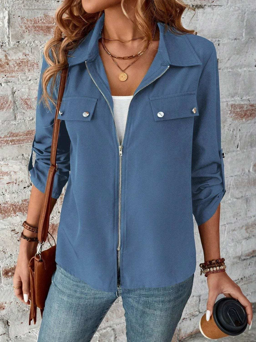 Zip Up Collared Neck Roll-Tab Sleeve Jacket - Trendsi - Flyclothing LLC