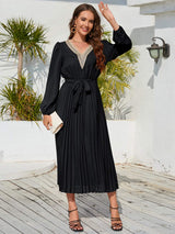 V-Neck Long Sleeve Pleated Dress - Trendsi - Flyclothing LLC