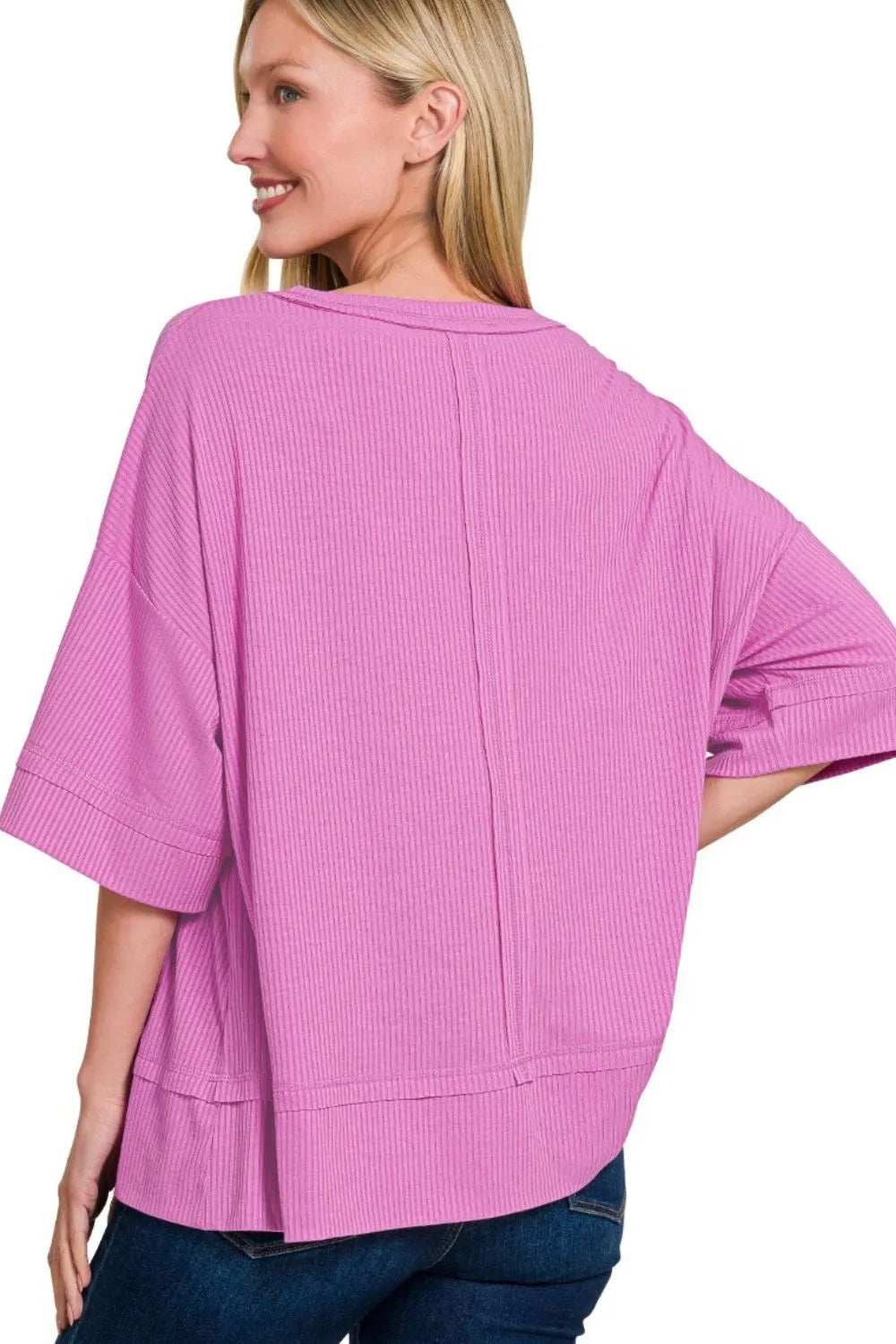Zenana Ribbed Boat Neck 3/4 Sleeve Top - Trendsi - Flyclothing LLC