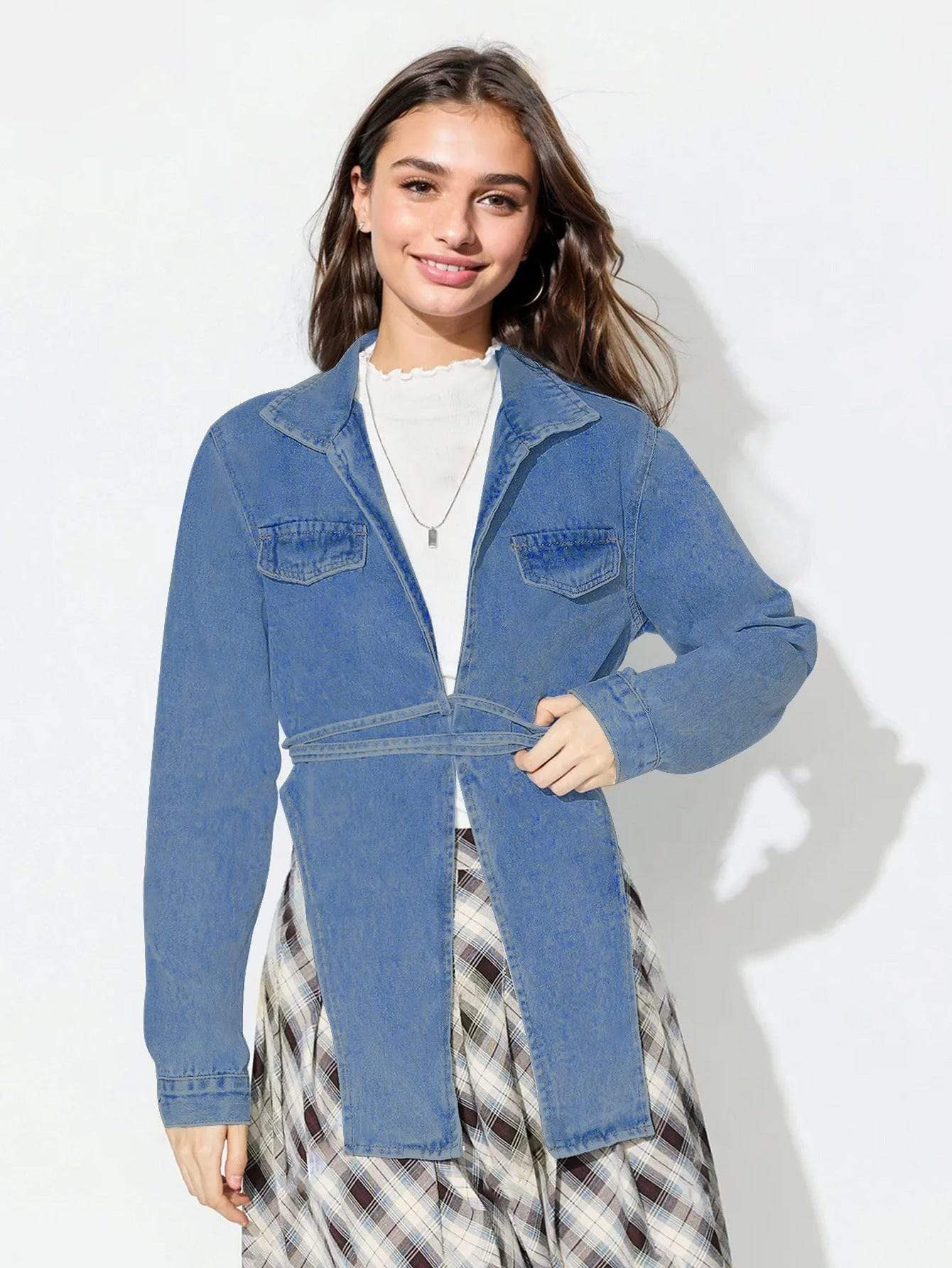 Asymmetric Slit Collared Neck Long Denim Top - Trendsi - Flyclothing LLC