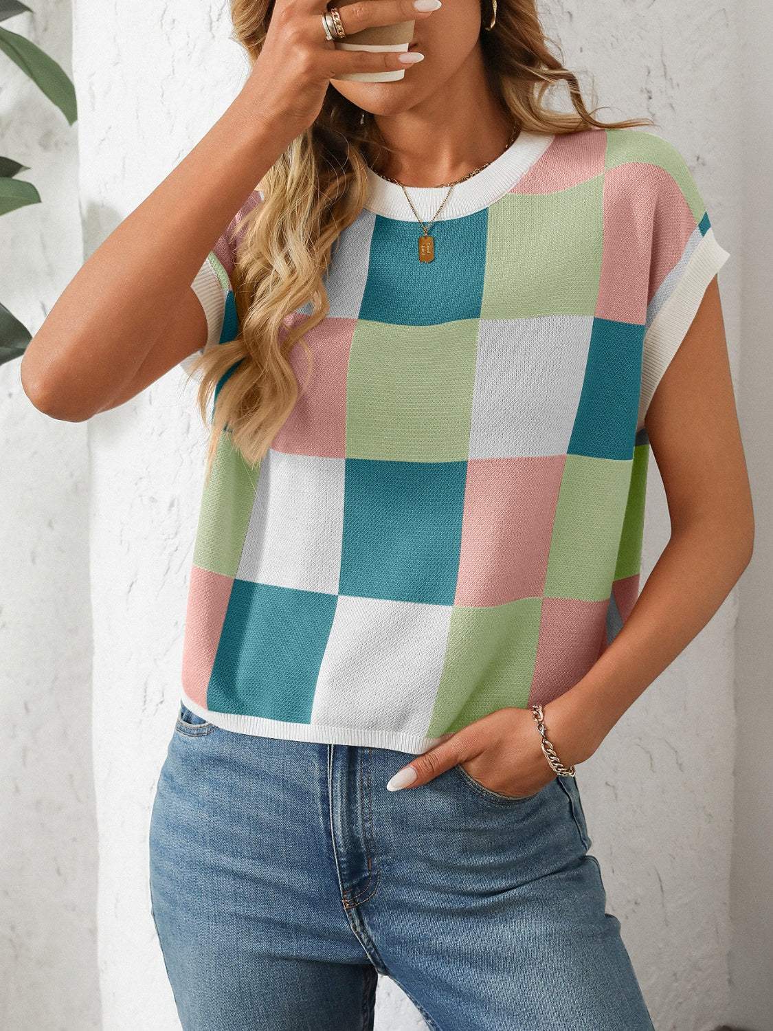 Mandy Checkered Round Neck Cap Sleeve Knit Top - Trendsi - Flyclothing LLC