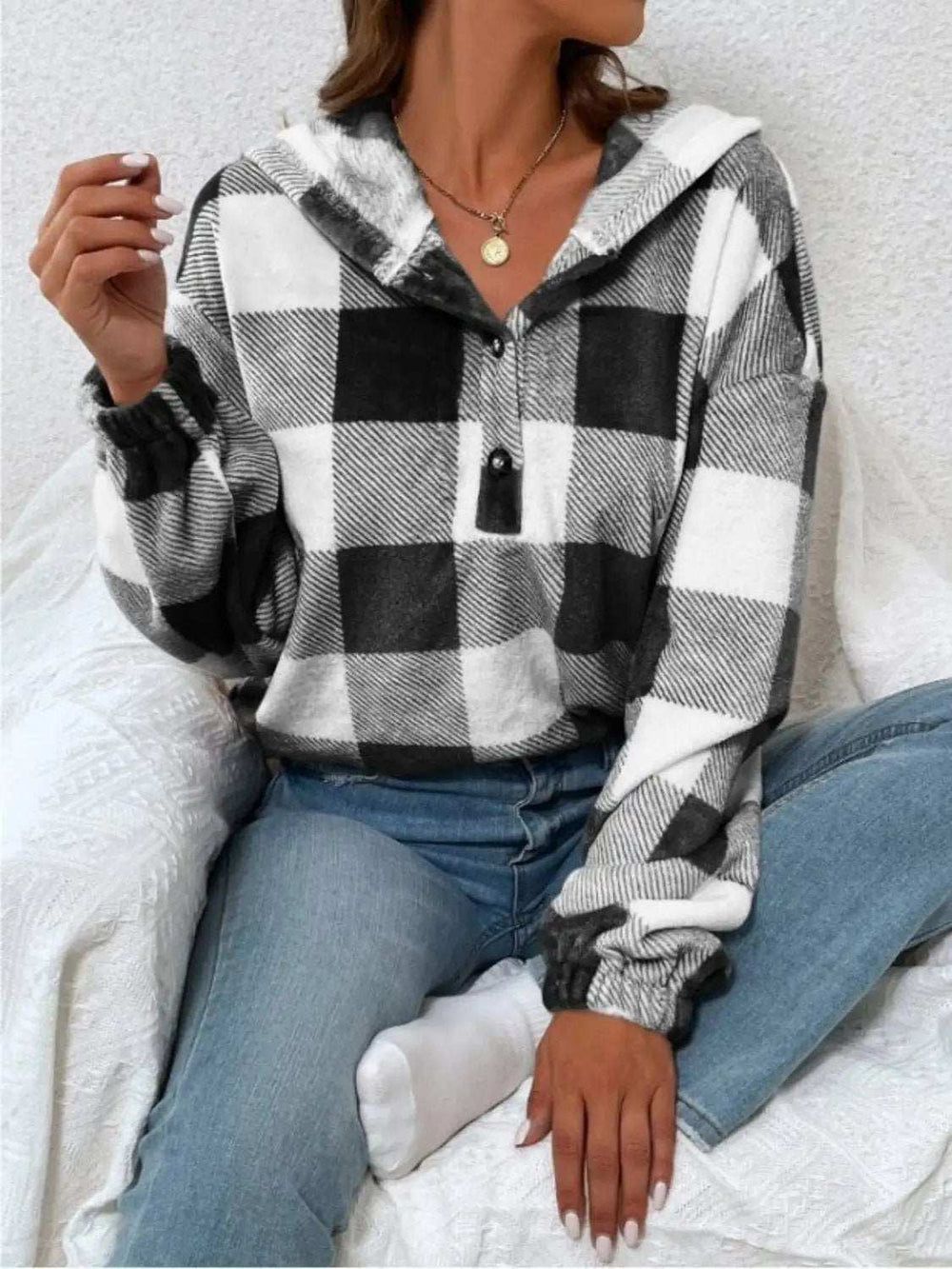 Plaid Half Button Long Sleeve Hoodie - Trendsi - Flyclothing LLC