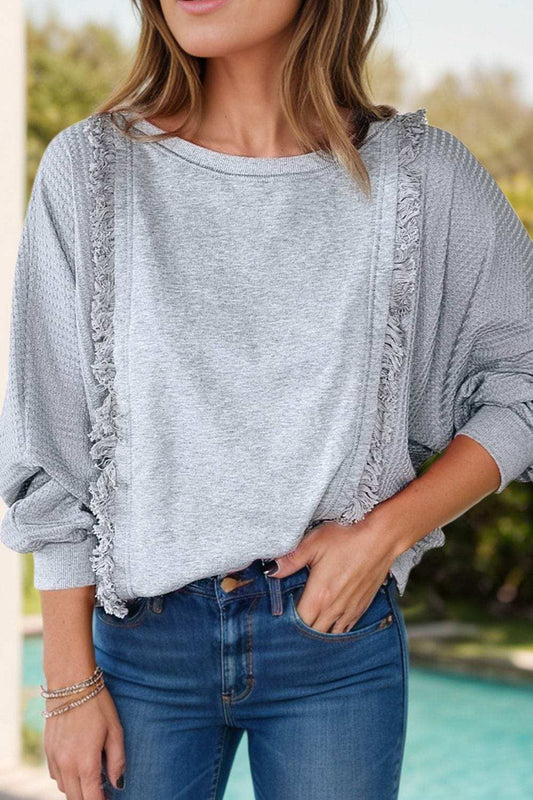 Waffle-Knit Round Neck Long Sleeve Top - Trendsi - Flyclothing LLC