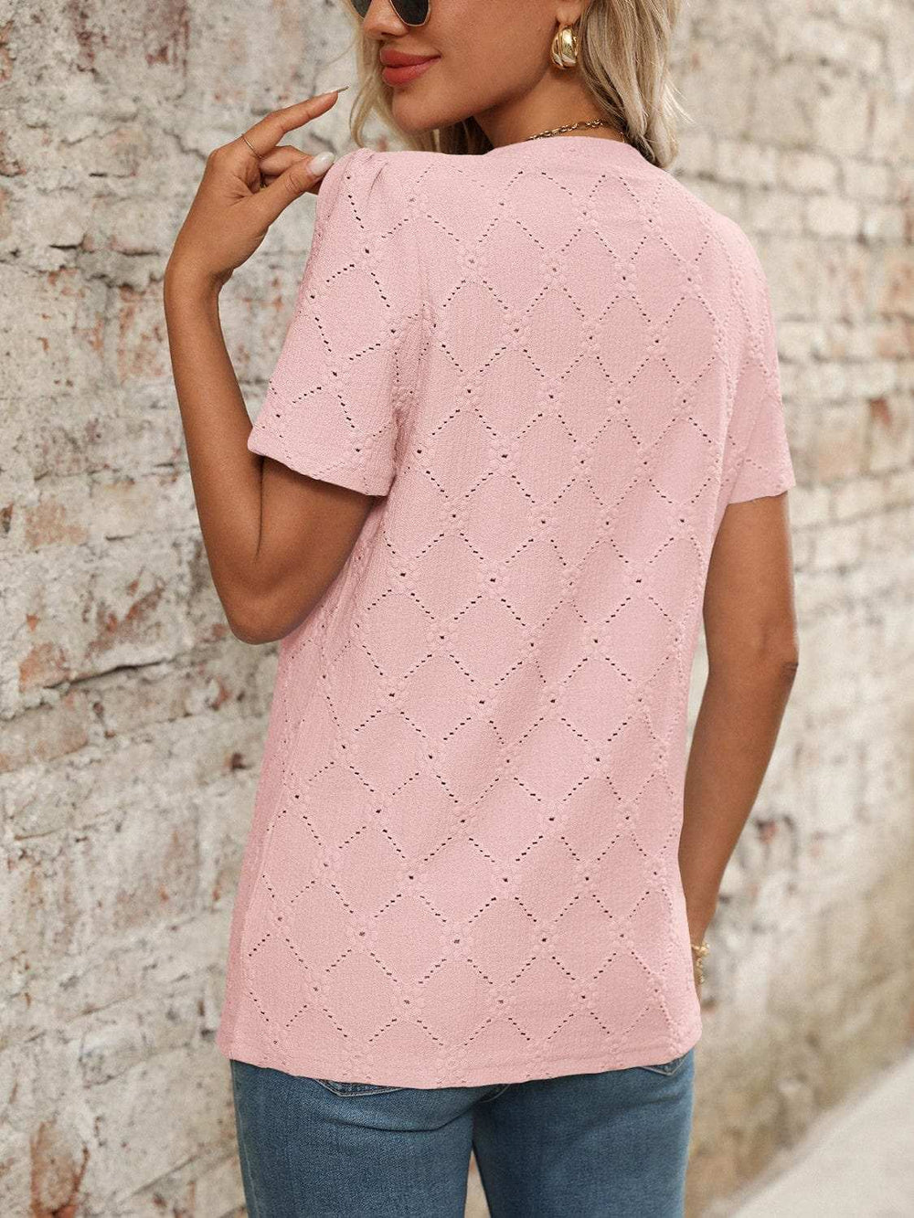 Eyelet Notched Short Sleeve Top - Trendsi - Flyclothing LLC