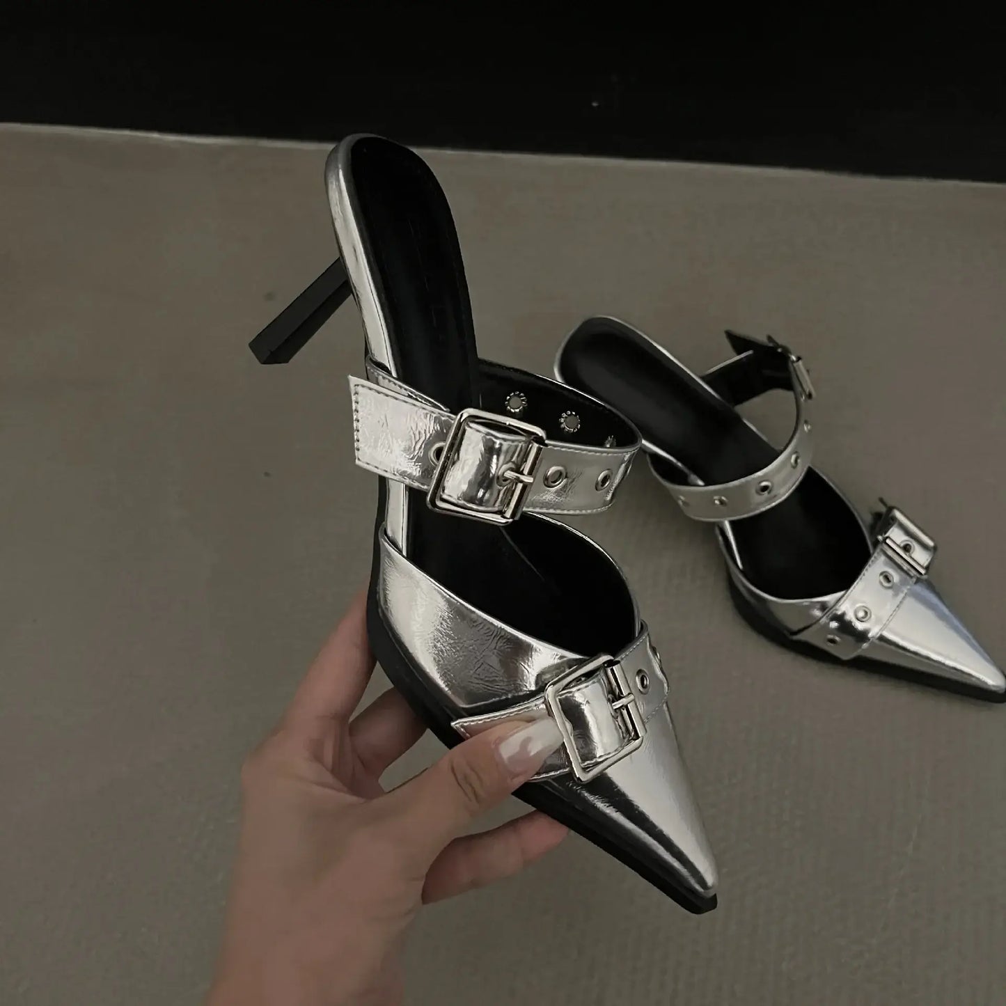 Point Toe Flare Heel Buckle Sandals - Trendsi - Flyclothing LLC