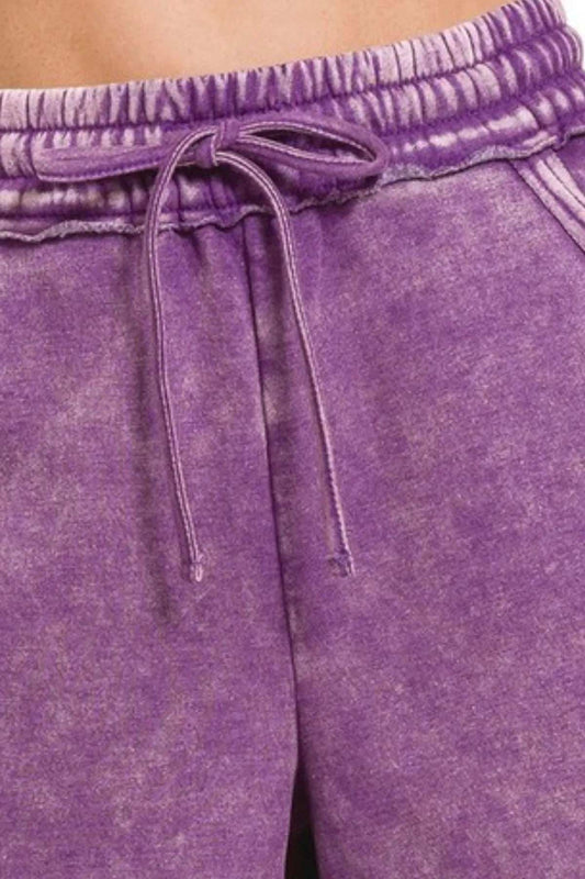 Zenana Acid Wash Fleece Drawstring Shorts With Pockets - Trendsi - Flyclothing LLC