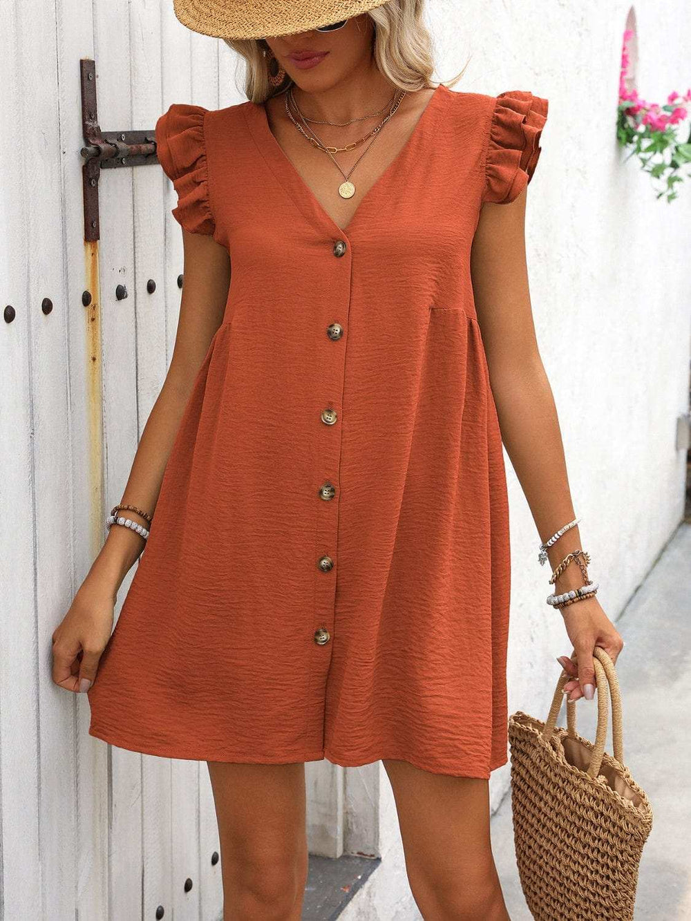 Button Up V-Neck Cap Sleeve Mini Dress - Trendsi - Flyclothing LLC