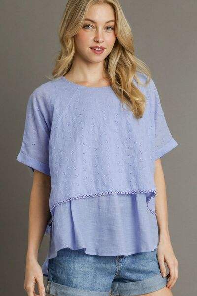 Umgee Full Size Eyelet Layered Short Sleeve Blouse Plus Size - Trendsi - Flyclothing LLC