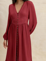 V-Neck Balloon Sleeve Ruffled Hem Maxi Dress - Trendsi - Flyclothing LLC