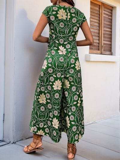 Perfee Printed Round Neck Cap Sleeve Wide Leg Jumpsuit - Trendsi - Flyclothing LLC