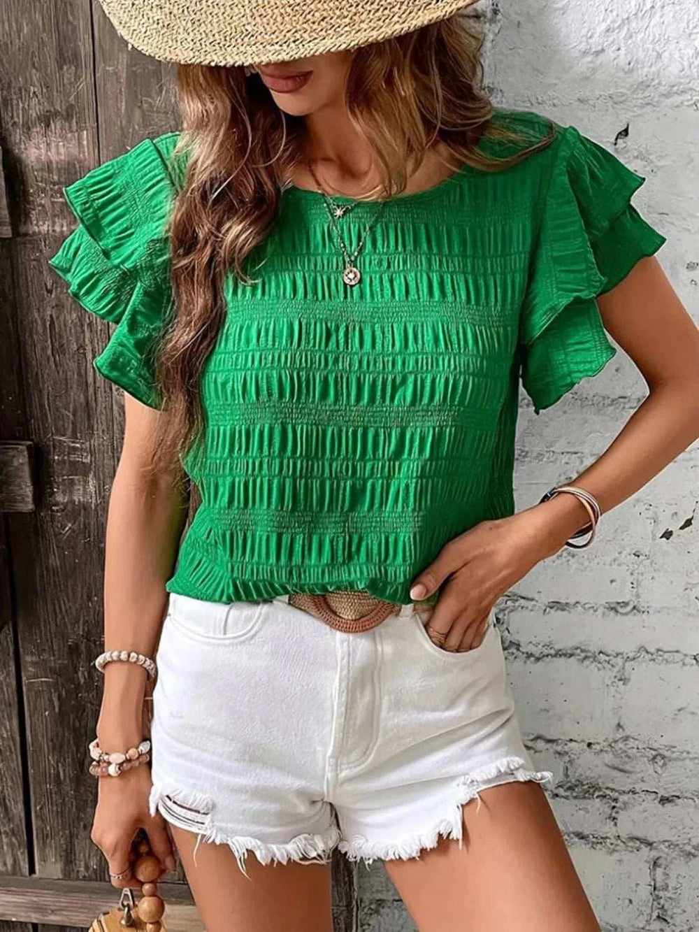 Round Neck Ruffled Short Sleeve Top - Trendsi - Flyclothing LLC