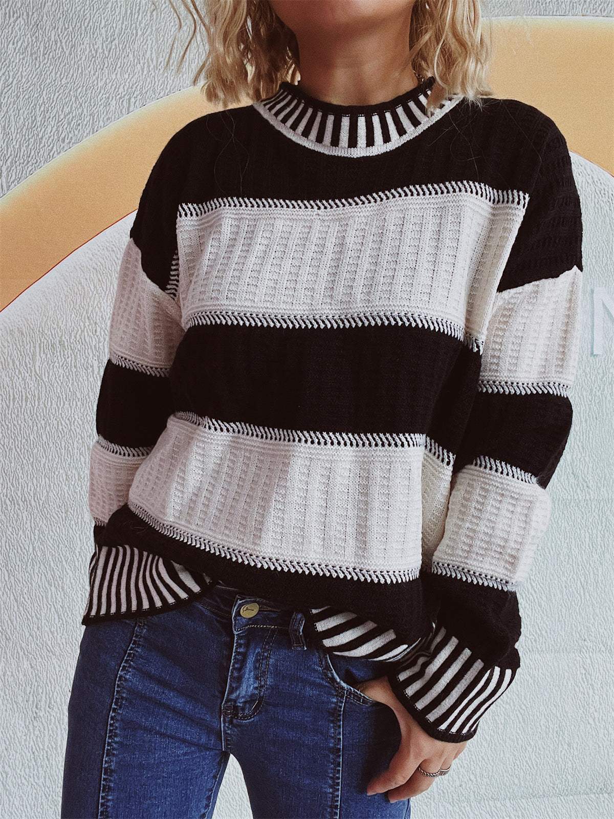 Contrast Round Neck Long Sleeve Sweater - Trendsi - Flyclothing LLC