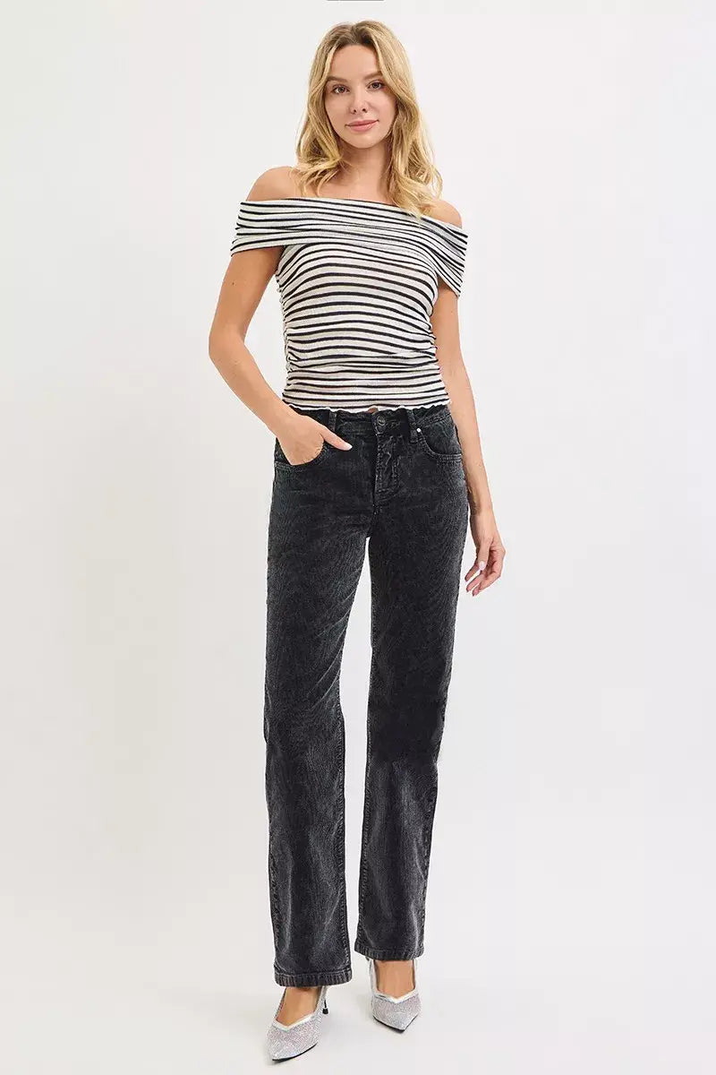 RISEN Tummy Control Mid Rise Straight Leg Corduroy Pants - Trendsi - Flyclothing LLC