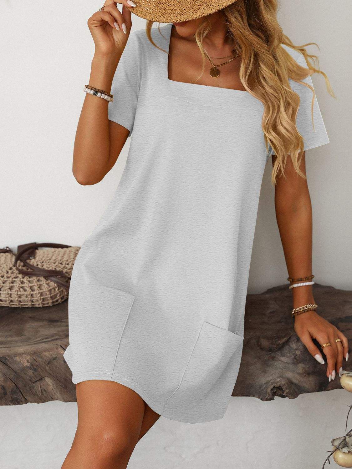 Mandy Square Neck Short Sleeve Mini Dress - Trendsi - Flyclothing LLC