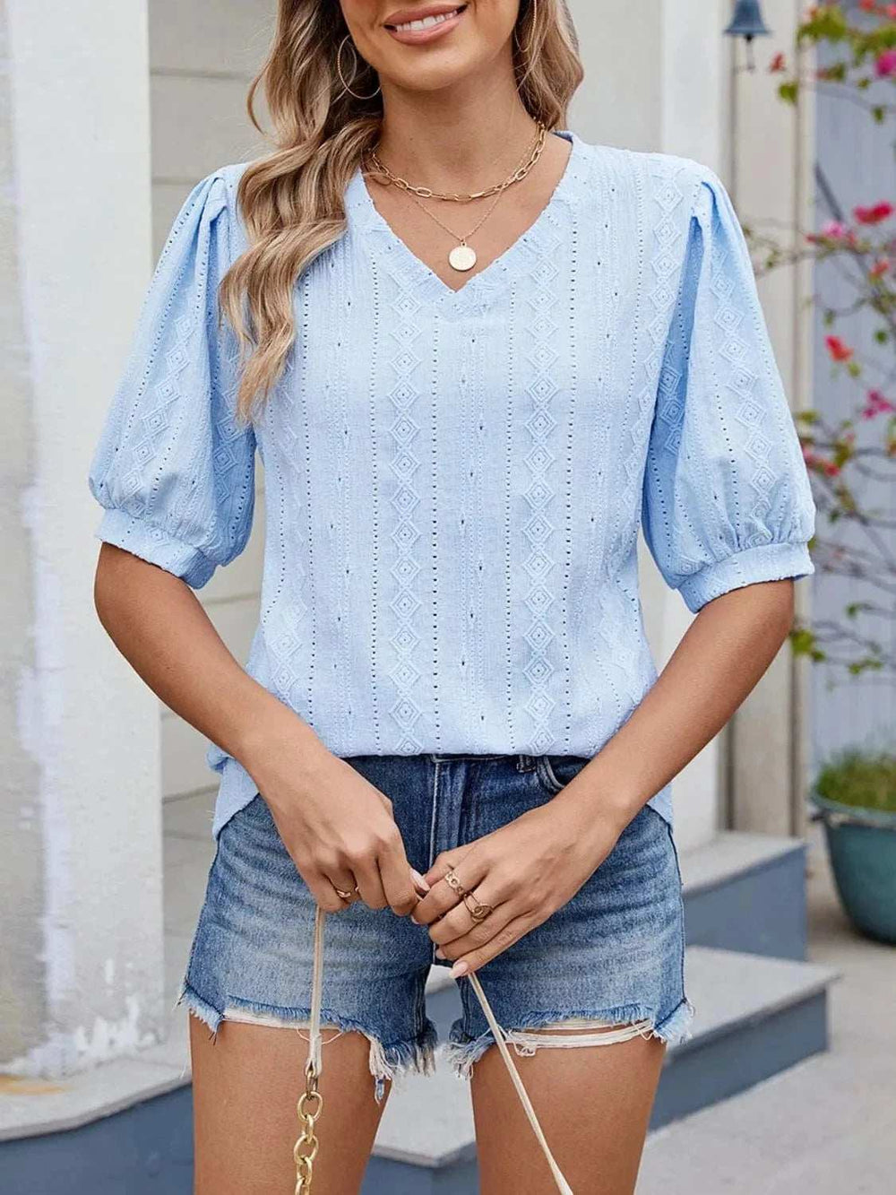 Puff Sleeve V-Neck Eyelet Lace T-Shirt - Trendsi - Flyclothing LLC