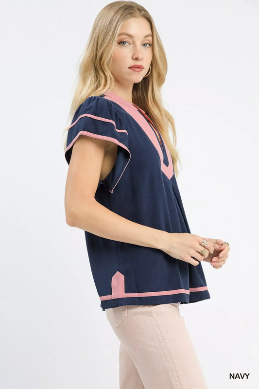 Umgee Linen Ruffle Sleeve Top - Trendsi - Flyclothing LLC