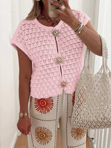 Crochet Short Sleeve Button Front Cardigan - Trendsi - Flyclothing LLC