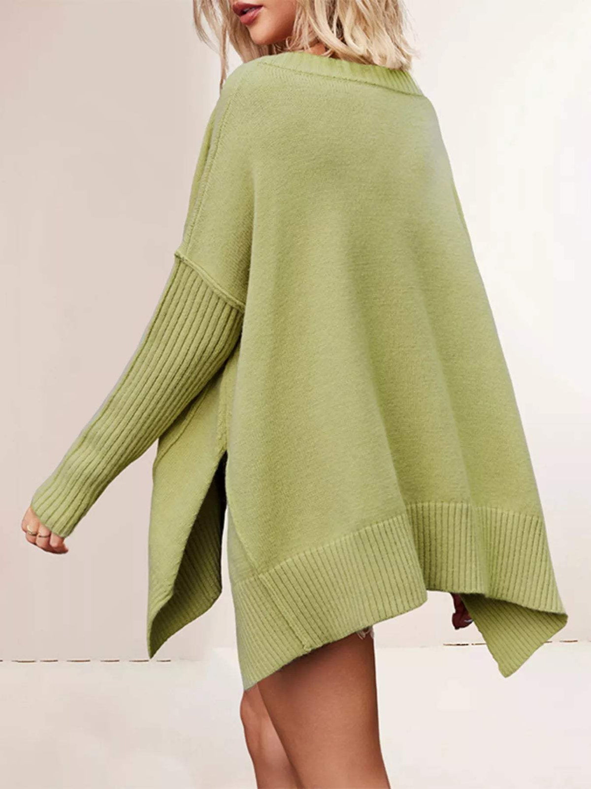 V-Neck Ribbed Sleeve Sweater - Trendsi - Flyclothing LLC