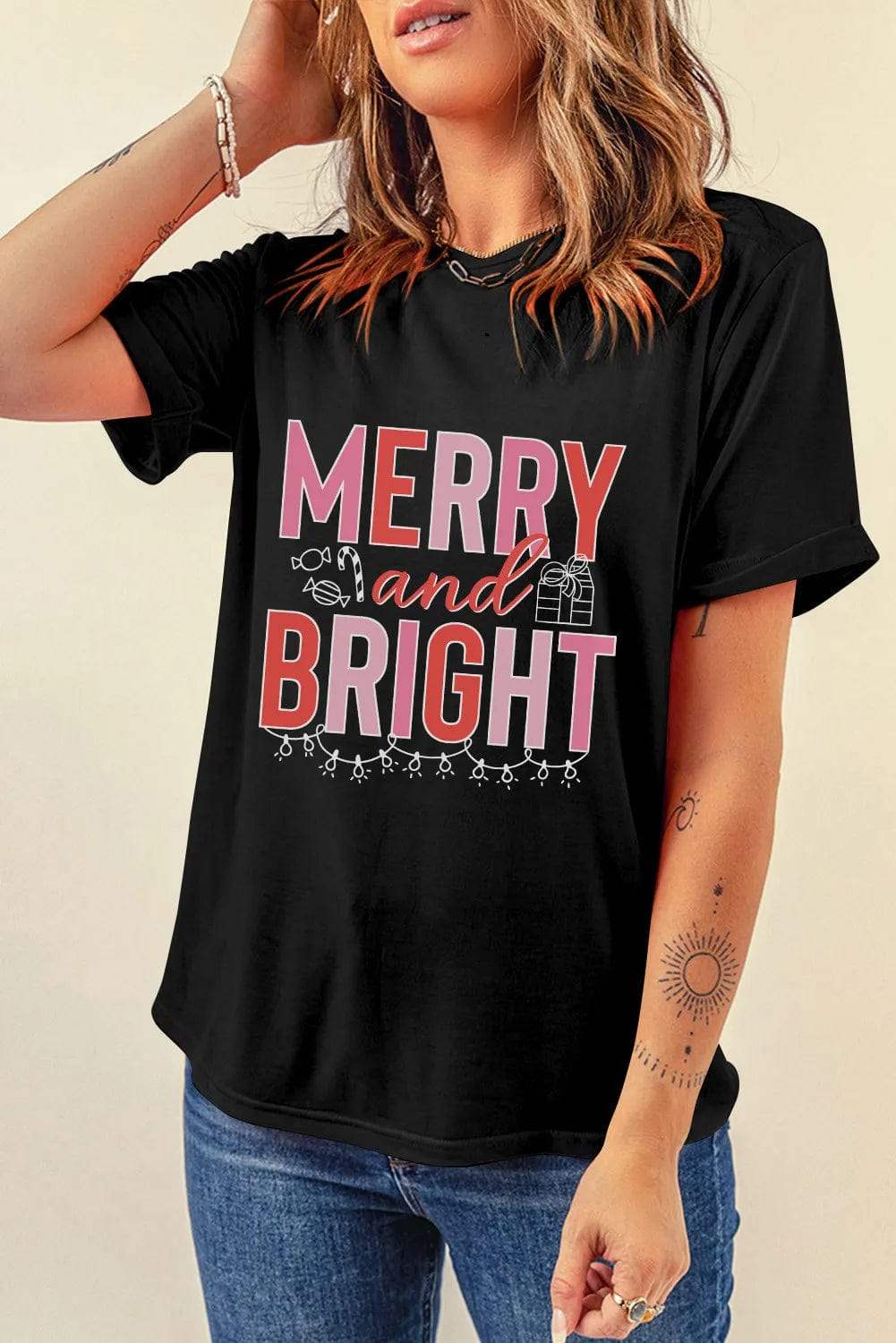 MERRY AND BRIGHT Round Neck Short Sleeve T-Shirt - Trendsi - Flyclothing LLC