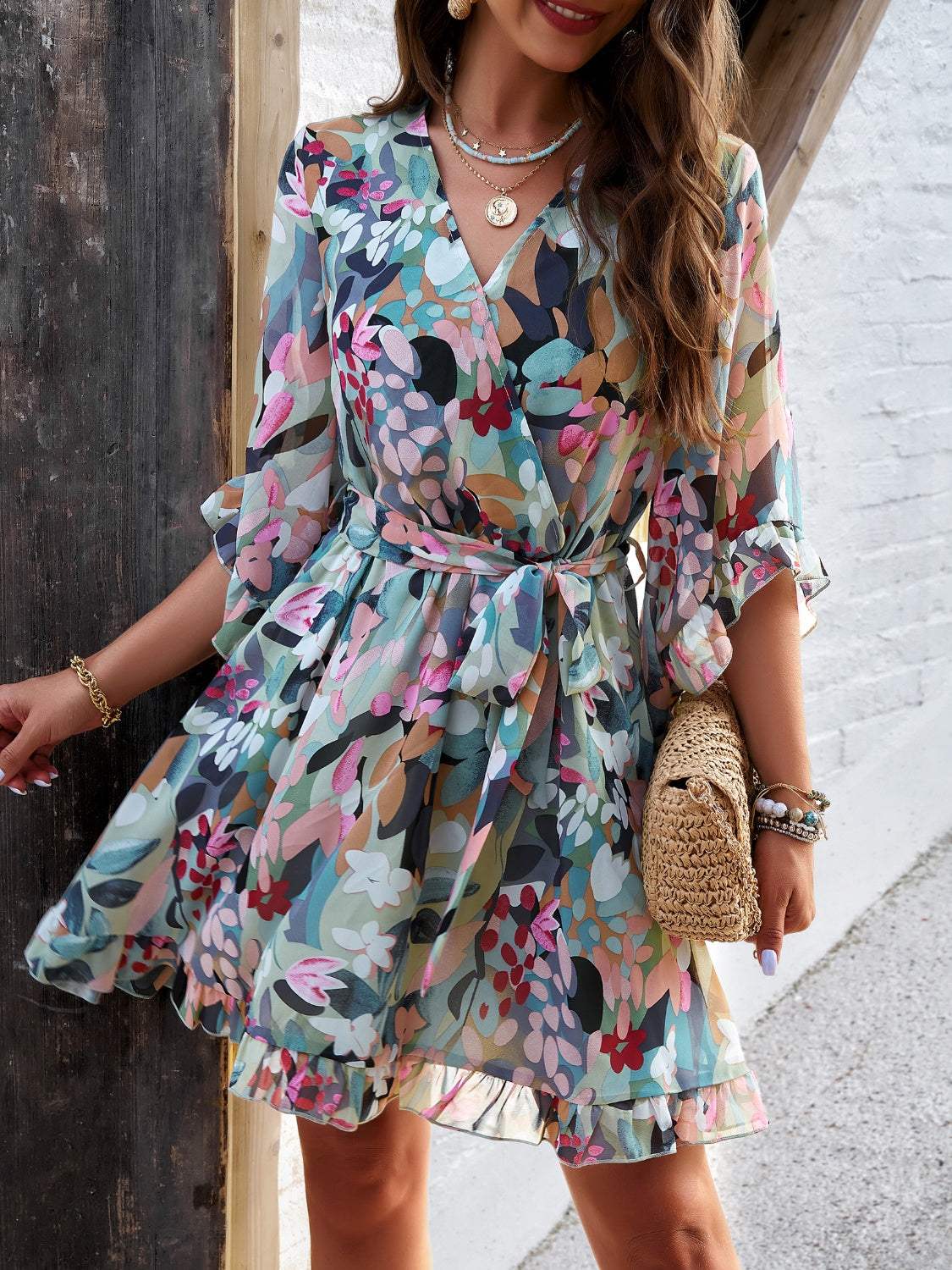 Ruffled Printed Surplice Half Sleeve Mini Dress - Trendsi - Flyclothing LLC