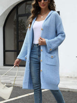 Pocketed Button Up Long Sleeve Hooded Cardigan - Trendsi - Flyclothing LLC