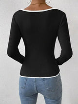 Contrast Trim Long Sleeve Knit Top - Trendsi - Flyclothing LLC