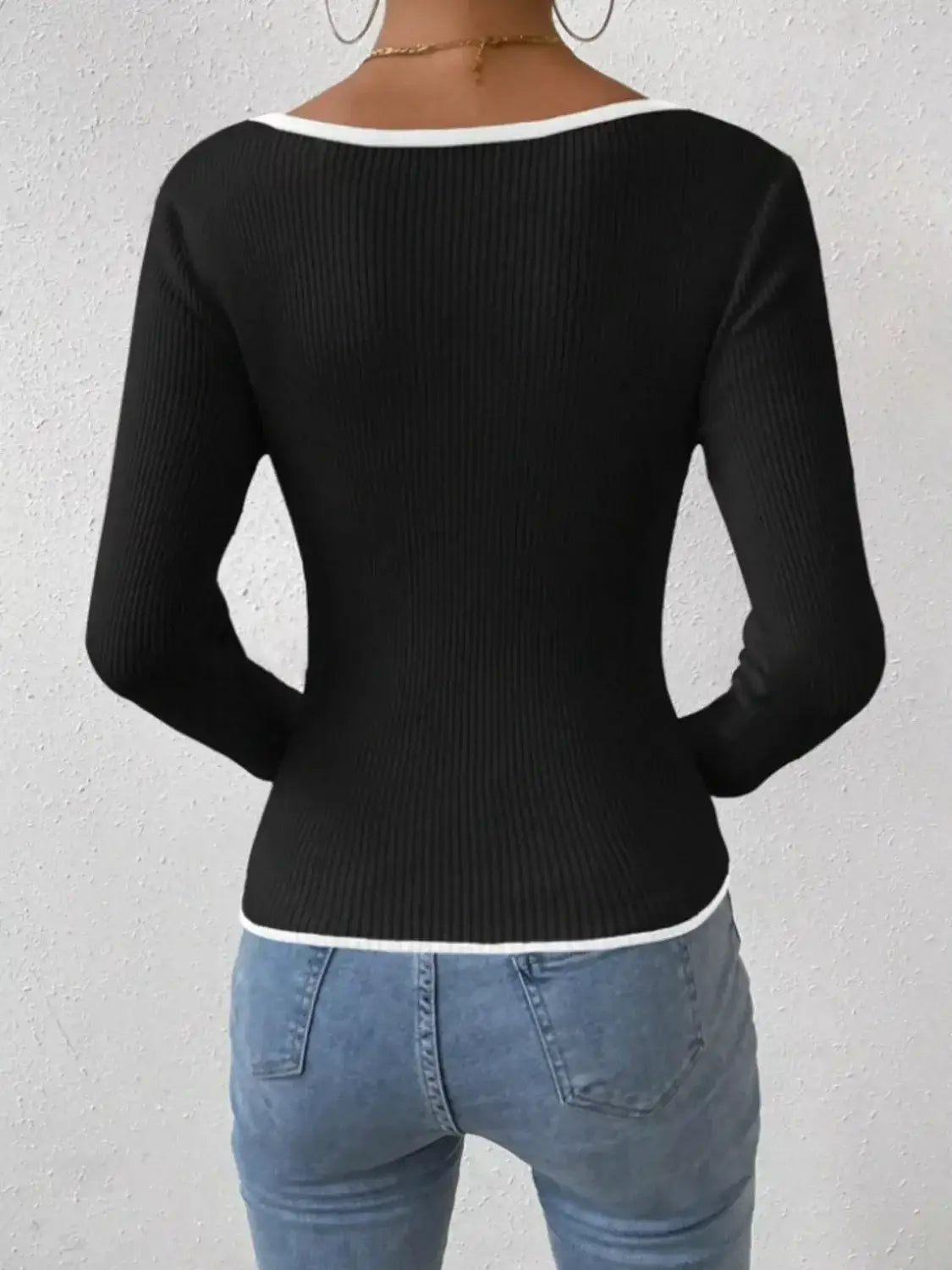 Contrast Trim Long Sleeve Knit Top - Trendsi - Flyclothing LLC