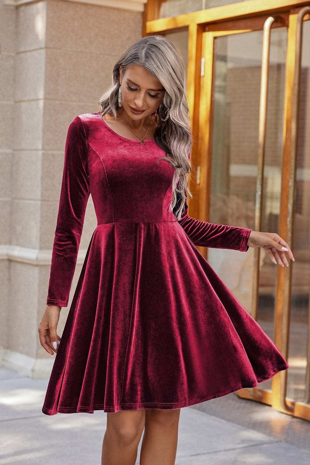 Round Neck Long Sleeve Knee Length Dress - Trendsi - Flyclothing LLC